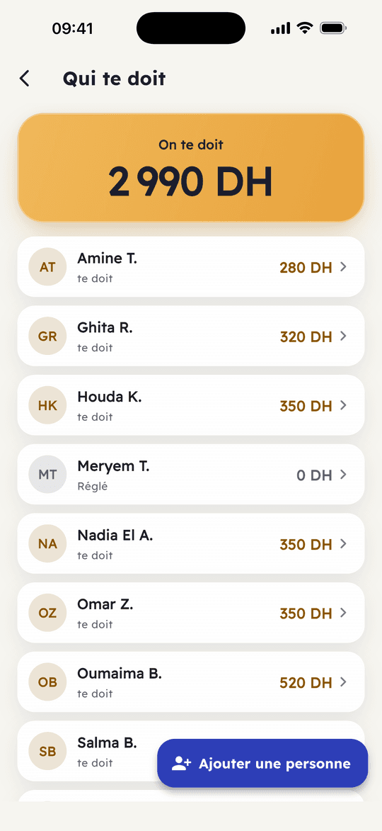 Capture de l’app Ribh : Qui te doit, et relance sur WhatsApp