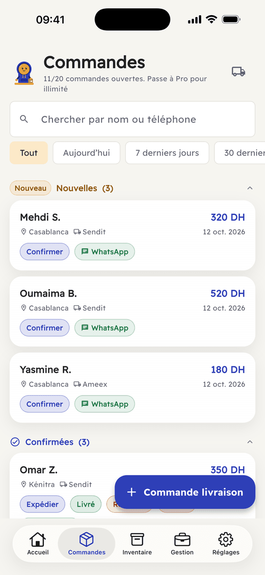 Capture de l’app Ribh : Chaque commande, de Nouvelle à Livrée