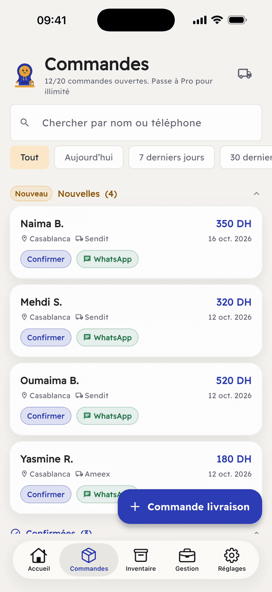 Capture de l’app Ribh : Confirme la commande sur WhatsApp en un tap