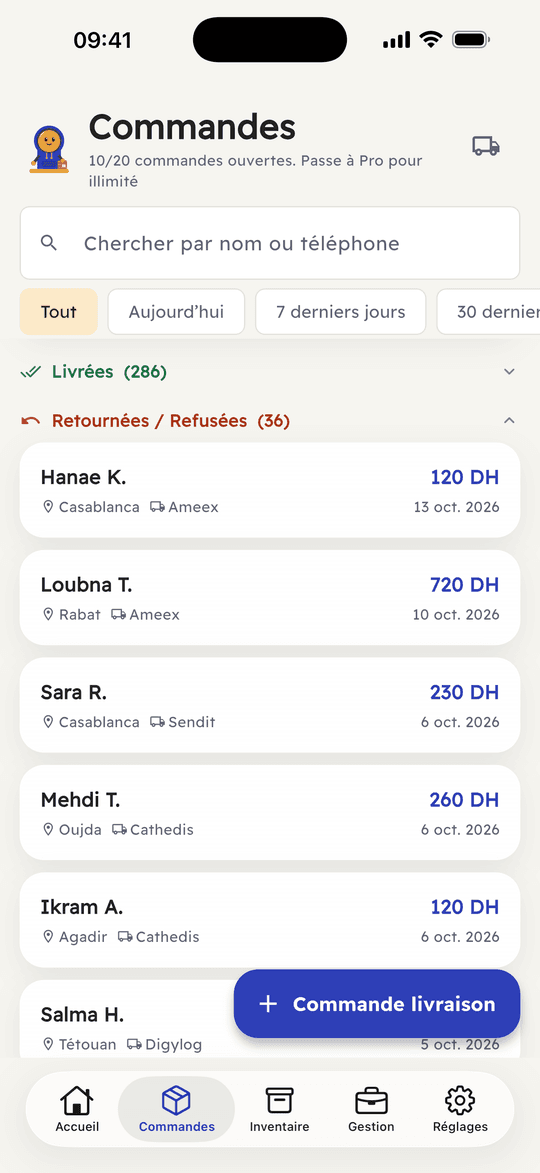 Capture de l’app Ribh : Retours et refus comptés tout seuls