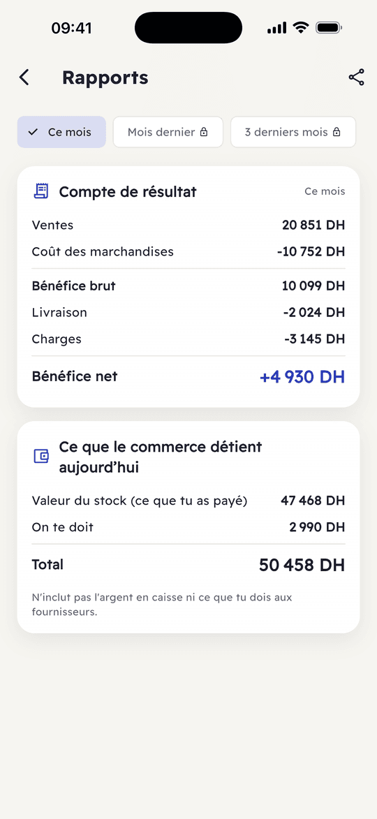 Capture de l’app Ribh : Compte de résultat et bilan du mois