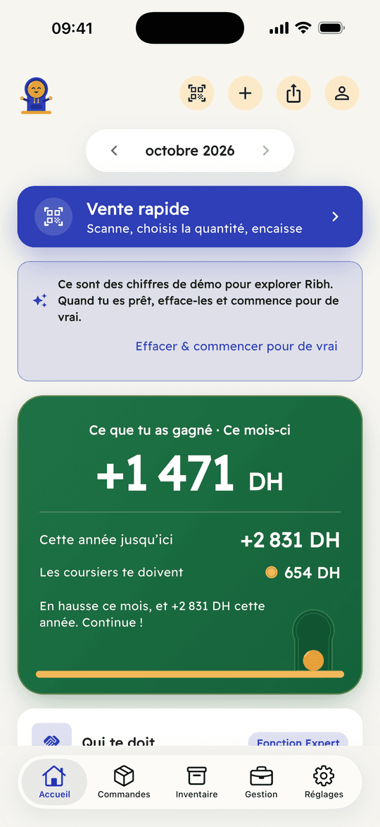 Capture de l’app Ribh : Essaie avec des données d’exemple