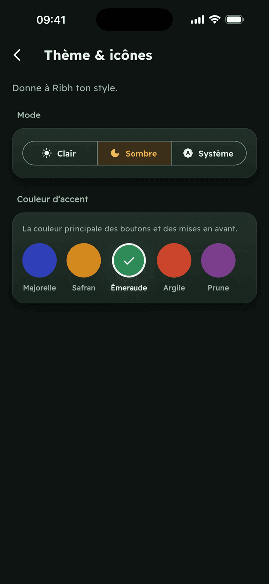 Capture de l’app Ribh : Clair, sombre, et ta couleur