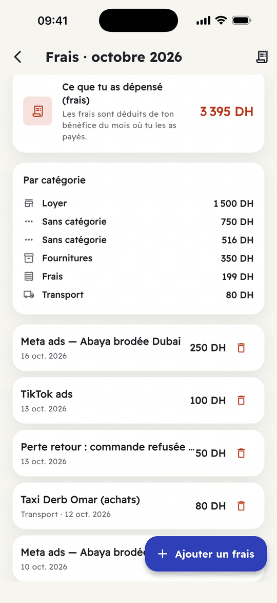 Capture de l’app Ribh : Frais par catégorie, et frais de chaque mois