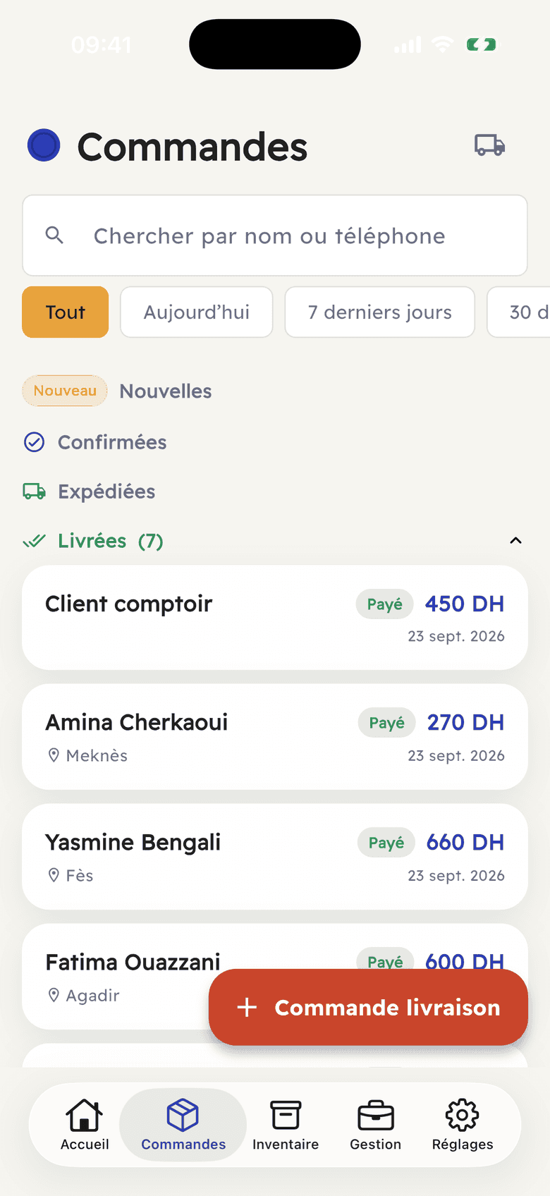 Capture de l’application Ribh : la liste des commandes par statut.